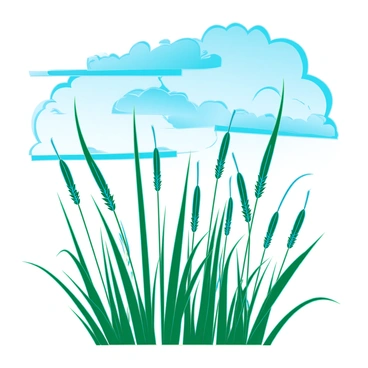 Tall grass swaying gently in the wind, displaying a range of green hues with tips reflecting sunlight. The blades of grass create delicate ripples as they move rhythmically. Above, a bright blue sky is filled with sparse, fluffy white clouds, casting soft shadows on the landscape below. The scene captures the essence of a warm day, highlighting the beauty and tranquility of natural elements in harmony.