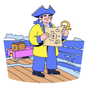 A pirate with a rugged appearance stands on the deck of a ship. The pirate has a weathered face and a wide-brimmed hat, and he wears a long coat with a tattered edge. His right hand is replaced by a wooden hook, which glints in the sunlight. In his left hand, he holds an old treasure map, which is partially unfurled, revealing detailed markings and symbols. The ship's wooden deck has ropes and barrels scattered about, and the sea can be seen in the background with waves gently rocking the vessel.