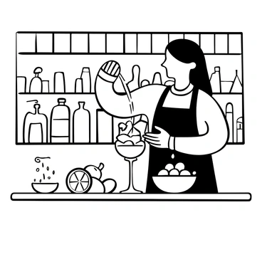 A bartender skillfully pouring a clear liquid into a glass filled with ice. The glass is partially surrounded by fresh citrus fruits, including lemons and oranges, which are cut in half. A traditional shaking tool rests on the bar, and a small dish of sugar is nearby. The background features shelves lined with various bottles of spirits and glassware.
