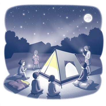 A backyard scene at night filled with children. Several kids are gathered around a small tent, which is pitched on the grass. Some children are sitting on the ground, while others are standing and holding flashlights that cast beams of light into the air. The sky above is dotted with numerous stars, creating a vibrant backdrop. The tents are colorful, featuring various patterns, and there are scattered sleeping bags and pillows around the tent area. The children's faces show excitement and joy as they share stories, with the moon casting soft light over the entire scene.