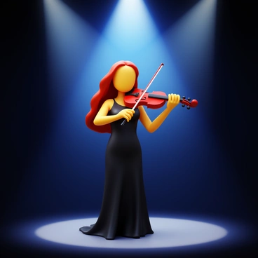 A violinist playing passionately while standing on stage. The violinist has long, flowing hair and wears an elegant black dress. Bright spotlights illuminate the figure, casting dramatic shadows on the stage. The violin is held close to the chin, and the bow is in motion across the strings. The background is dark to enhance the focus on the performer, creating an intense atmosphere.
