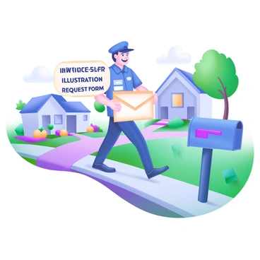 A mailman wearing a blue uniform is walking along a paved sidewalk. He is holding a sealed envelope with the words "Inforce Illustration Request Form" clearly visible in bold, black letters. The mailman has a friendly expression and is surrounded by a few residential houses with colorful flower beds. A mailbox stands nearby, and there are a few trees providing shade along the path.