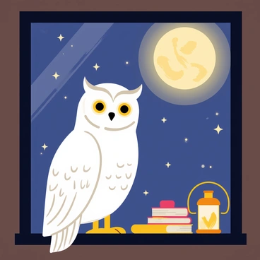 A snowy owl named "Hedwig" is perched on a wooden window sill, looking out. The owl has bright yellow eyes and fluffy white feathers with subtle grey spots. The night sky outside is filled with twinkling stars, and a large, glowing full moon illuminates the scene. The window frame is dark, contrasting with the soft light coming from inside the room. There are scattered books and a small lantern on the sill beside the owl, adding warmth to the atmosphere.