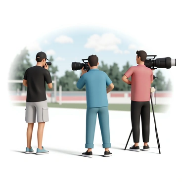A group of three camera crew members standing on the sidelines, each operating large professional cameras with long lenses. The first crew member, wearing a black t-shirt, cargo shorts, and a baseball cap, is focused on capturing a fast-paced scene. The second crew member, dressed in a blue polo shirt and jeans, is adjusting the settings on their camera. The third crew member, in a red shirt and black pants, is looking through the camera viewfinder, bracing themselves against a tripod. Bright lights illuminate the area as the action unfolds in the background.