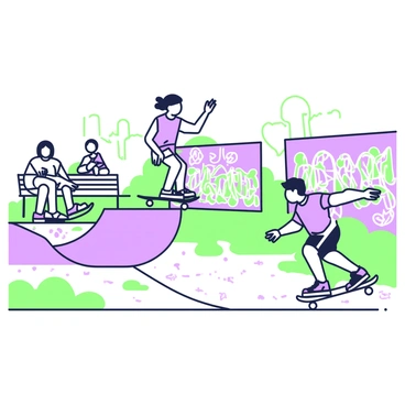 A group of teenagers is riding skateboards at a city skate park. The scene features three individuals, each performing different tricks on their skateboards. One teenager is doing an ollie, while another is cruising along the edge of a ramp. The third is preparing to drop into a bowl. The park is filled with vibrant urban graffiti on the walls, showcasing various designs and tags. In the background, a few spectators are watching the action from a nearby bench. The ground is made of concrete, with patches of wear from many skateboarding sessions.