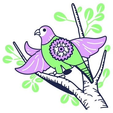 A mechanical bird with cog wings is perched on a branch of a sturdy tree. The body of the bird is metallic with intricate detailing, showcasing various gears and cogs that form its wings. The wings are spread slightly open, displaying the complex mechanism that allows for movement. The branch is textured with bark and leaves, adding a natural element to the scene. In the background, a soft focus reveals more branches and foliage, emphasizing the bird's position in its environment.