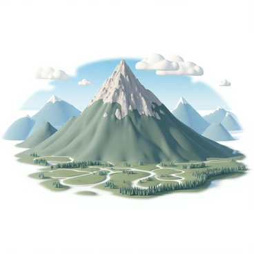 A mountain peak rising sharply into the sky, covered in rocky terrain with some patches of greenery. The valley below is expansive, filled with a patchwork of lush green fields, winding rivers, and clusters of trees. In the distance, additional mountains create a stunning backdrop against a clear blue sky. The sunlight casts vibrant shadows across the landscape, highlighting the natural contours and features of the valley below. Fluffy white clouds drift lazily overhead.