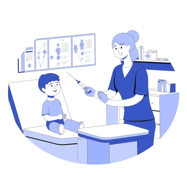 A nurse is administering a vaccination to a young child in a clinic setting. The nurse is wearing scrubs and has a gentle expression on her face. The child is sitting on an examination table, looking slightly apprehensive but calm. The nurse is holding a syringe and is preparing to give the injection in the child's upper arm. Behind them, there are medical posters on the wall, and a small shelf with medical supplies is visible. The clinic's lighting is bright, creating a clean and professional atmosphere.