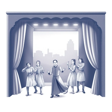 A theatrical stage with a large, ornate proscenium arch and heavy curtains drawn back. On the stage, several actors are engaged in a dynamic performance, each dressed in distinct, elaborate costumes that showcase intricate patterns and textures. One actor is standing center stage, delivering a powerful monologue, with expressive hand gestures and a focused expression. Surrounding them, other actors are posed in various dramatic stances, contributing to the scene's energy. Bright stage lights illuminate the performers, creating sharp contrasts in the shadows and highlights across the costumes and their features. The backdrop features painted scenery that complements the narrative of the performance.