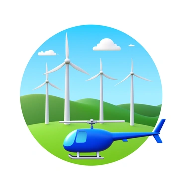 A helicopter descending towards the ground near a large wind farm. The wind farm features several tall wind turbines with white blades rotating in the breeze. The landscape around the wind farm is green, with rolling hills in the background. The helicopter is positioned to land, with its skids just above the ground. The sky above is clear with a few scattered clouds. The turbines stand majestically, forming a striking contrast against the blue sky.