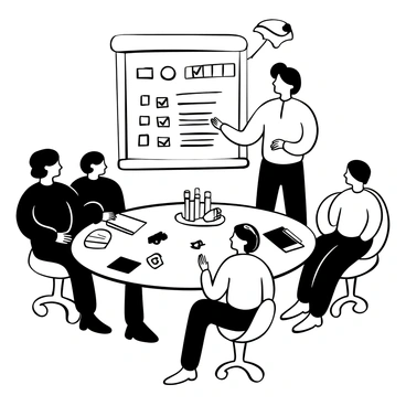 A financial advisor standing at a round table filled with documents and financial planning tools. Surrounding the advisor is a diverse group of clients, including individuals of different ages and backgrounds, actively engaged in discussion. On the table are charts, graphs, and a laptop displaying financial data. The advisor is gesturing towards a large presentation board that outlines various financial planning steps in clear bullet points. Each client is holding a notepad and pen, taking notes, while some are leaning forward, showing interest in the conversation. The setting conveys a professional and collaborative atmosphere.