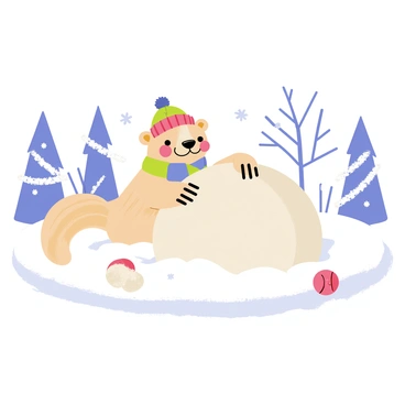 A loutre with soft, fluffy fur, bundled in a colorful scarf and a matching knitted hat, is happily building a snow otter in a snowy landscape. The snowy ground is covered in a thick layer of white snow, with small snowflakes gently falling from the sky. The loutre is using its paws to shape the snow, creating a round body for the snow otter. Nearby, there are snow-covered trees with branches glistening in the cold, and a few playful snowballs are scattered around the scene, adding to the joyful atmosphere.