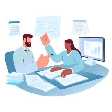 A tax consultant is sitting at a desk covered in various tax documents and forms. The consultant is wearing a formal shirt and has a pen in hand, pointing at a specific section of a document. In front of the consultant, a client is seated, looking at the documents with a focused expression. A calculator is placed on the desk, alongside a notebook filled with handwritten notes. A stack of folders is organized neatly on one side, while a computer screen displays financial graphs and data. A calendar on the wall indicates it is tax season.