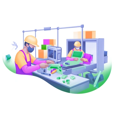 A modern pastel illustration depicting a factory assembly line with several workers actively assembling products. The workers, dressed in bright uniforms, are focused on their tasks. One worker is tightening screws on an electronic device, while another is placing components in sequence on a conveyor belt. Various tools are scattered around, including a wrench and a screwdriver. The assembly line is filled with partially assembled products, and colorful boxes are stacked neatly in the background. The atmosphere is vibrant and industrious, showcasing the teamwork and efficiency of the workers.