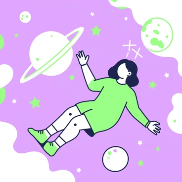 A dreamer is floating in space, surrounded by various celestial bodies. The dreamer is depicted as a figure in a relaxed pose, with arms and legs extended outward. Bright stars are scattered across the background, creating a sense of depth. In close proximity, a large, luminous planet with rings is positioned to one side, while a smaller moon or asteroid drifts nearby. The scene conveys a feeling of tranquility and exploration, with the dreamer gazing at the vastness of the universe.