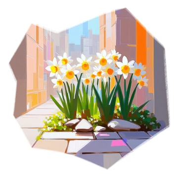 A small urban garden filled with vibrant "daffodils" blooming among patches of rich green foliage. The garden is nestled between two tall buildings, providing a charming contrast between nature and urban architecture. The "daffodils" stand upright with their bright yellow petals opened wide, capturing the sunlight. There are a few small decorative stones scattered around the base of the flowers, and a narrow cobblestone path meanders through the garden, leading the eye towards the buildings that frame the scene. The surrounding buildings are composed of brick and glass, casting subtle shadows on the garden below.