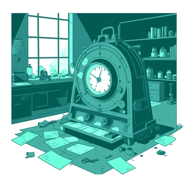 A teal vintage time machine with intricate gears and dials is positioned prominently in an old workshop. The time machine emits a soft, warm white glow from its core, illuminating the surrounding area. The workshop is cluttered with various tools, scattered papers, and old machinery, creating a sense of a bustling, yet neglected space. Dust motes dance in the light, adding to the atmosphere of mystery and exploration. The walls are lined with shelves filled with jars of oddities and books, while a faint outline of a large window reveals the outside world, shrouded in shadows.