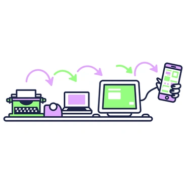 A visual representation of technology evolution from past to present. On the left side, there is a vintage typewriter with keys, next to a rotary phone on a wooden table. In the middle, a computer monitor displays a classic operating system interface, while a laptop is placed next to it. On the right side, there is a sleek smartphone held in a hand, with a bright screen showing various applications. Above these items, arrows connect each technology, indicating the progression from one to the next.