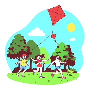 A red kite is soaring high above a group of children in a sunny park. The children, wearing colorful clothing, are laughing and running as they hold onto the strings of various kites. Some kites are shaped like animals, while others are simple diamond shapes. The park is filled with green grass, and there are trees in the background casting dappled shadows. A few clouds are floating in the bright blue sky, and a yellow sun is shining down on the scene, creating a joyful atmosphere.