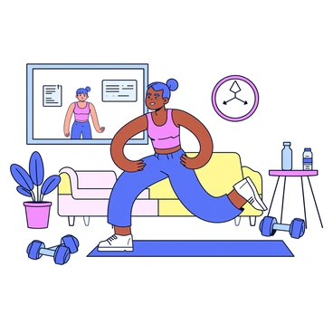 A person is in a living room following a virtual workout class on a large screen. The individual has a determined expression and is wearing a form-fitting athletic outfit. They are performing a squat, with their legs bent and arms extended in front for balance. The muscles in their thighs and calves are visibly engaged. Around the person, there are fitness equipment like a mat and dumbbells. The room has a bright and minimalistic design, with a plant in the corner and a small table displaying a water bottle.