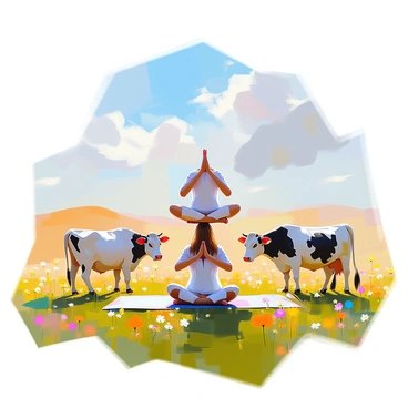 A group of cows of various colors, including black and white, brown, and spotted shades, are practicing yoga poses in a peaceful green field. Some cows are stretched out in downward dog position, while others are balancing on one leg in tree pose. The field is dotted with colorful wildflowers, and the sun casts a warm light across the scene. A few fluffy white clouds drift lazily in the blue sky above, adding to the serene atmosphere of the setting. The cows appear focused and relaxed as they engage in their unique yoga session.