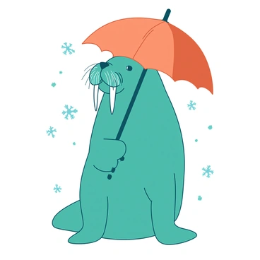 A teal walrus is standing upright, holding an orange umbrella over its head. The walrus has prominent tusks and a fuzzy texture, with its flippers resting on the umbrella's handle. Delicate snowflakes are falling gently around the walrus, creating a soft atmosphere. The snowflakes vary in size and shape, and they contrast against the vibrant colors of the walrus and the umbrella.