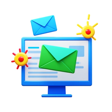 A vibrant 3D message center with various colorful floating emails and notifications. The emails are represented as envelopes in different shades, including blue, green, and yellow, with dynamic animations suggesting movement. Notifications appear as bright icons with alert symbols, radiating from the center. The background features a sleek digital interface, enhancing the modern look of the message center. The overall composition is engaging and visually rich, showcasing the interaction of the floating elements.
