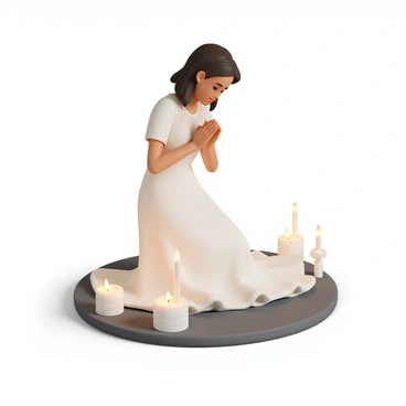A woman, wearing a flowing white dress with lace details, is kneeling on a soft, dark-colored rug. Her hands are clasped together in prayer, and her head is bowed. Surrounding her are several lit candles, casting a warm, flickering glow. Each candle stands in a decorative holder, creating a serene atmosphere. The background is softly blurred, emphasizing the woman's reflection on "the lost coin parable." Her expression is serene and contemplative, embodying a moment of personal introspection and spiritual connection.