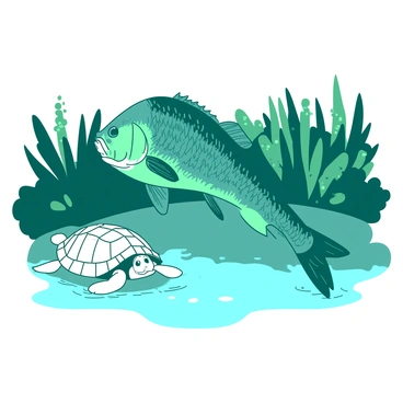 A teal largemouth bass swims gracefully through the water, its scales glinting in the light. Next to the bass, a white turtle with a patterned shell emerges, its head peeking above the surface as it curiously observes its companion. The pond is surrounded by lush greenery, with ripples forming around the fish and turtle as they move. Sunlight filters down, creating a play of light and shadows beneath the water's surface.