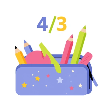A pencil case that is partially open, revealing four colorful pencils arranged neatly inside. Three pink erasers are placed alongside the pencils, creating a balanced composition. Above the pencil case, the fraction "4/3" is prominently displayed in bold, playful font. The pencil case itself is a bright blue with a zipper, and features a fun pattern of stars and stripes. The background is simple to keep the focus on the pencil case, pencils, and erasers.