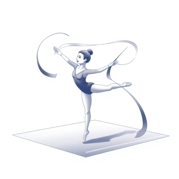 A gymnast in a dynamic pose executing an artistic floor routine. The gymnast is wearing a fitted leotard that enhances their movements. Ribbons are swirling gracefully around the gymnast, creating a sense of motion. The floor is marked with clear lines to demarcate the performance area. The gymnast's expression reflects focus and determination as they engage the audience. The surrounding area is empty to emphasize the performance.