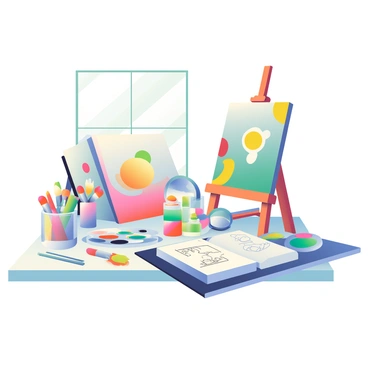 An artist's cluttered workspace filled with paints, brushes, and unfinished illustrations