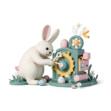 An Osterhase tinkering with a whimsical clockwork machine designed for hiding Easter eggs