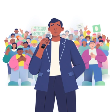 A journalist with light brown skin and short black hair is standing in front of a large crowd at a live event, holding a microphone in her right hand. She is wearing a navy blue blazer over a white blouse and dark pants. The crowd behind her consists of people of various ages and ethnicities, all focused on the event. Some are holding signs with messages while others have their phones raised to capture the moment. Bright lights are illuminating the scene, highlighting the journalist's expression of concentration as she prepares to report.