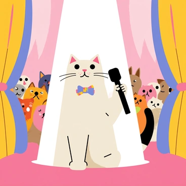 A cartoon-style illustration of a cat standing on a small stage, wearing a colorful bowtie. The cat has a confident expression while holding a black microphone in one paw. A bright spotlight shines down on the cat, highlighting its fluffy fur and expressive face. In the background, there are colorful curtains drawn aside, revealing the audience of various animals laughing and enjoying the performance. The scene captures a lively atmosphere filled with humor and excitement.