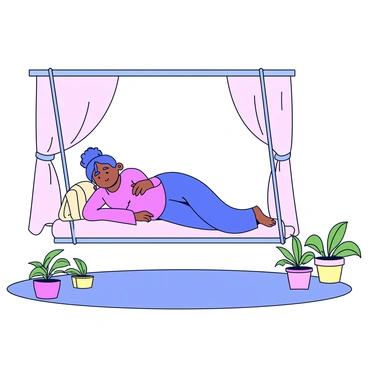 A pregnant woman is peacefully napping on a swing bed situated on a veranda. The swing bed features soft cushions in a light pastel color, surrounded by delicate sheer curtains gently billowing in the breeze. The woman is lying comfortably on her side, with her hand resting on her belly. There are small potted plants positioned around the swing bed, adding a touch of greenery to the scene. Sunlight filters through the leaves, creating soft patterns on the floor of the veranda.
