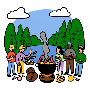 A scenic view of a crawfish boil taking place near a bayou. In the foreground, there is a large pot steaming over a fire, filled with colorful crawfish, potatoes, and corn. Around the pot, people are gathered, some wearing colorful shirts and hats, smiling and enjoying the food. In the background, there is lush greenery with tall trees and ferns surrounding the bayou. The water of the bayou is calm and reflects the blue sky. A few white clouds drift lazily overhead, completing the vibrant outdoor atmosphere.