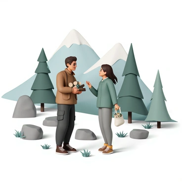 Two travelers stand in a rocky mountain landscape. One traveler, a man, is wearing a rugged brown jacket, dark cargo pants, and sturdy boots, while the other traveler, a woman, is dressed in a green hiking jacket, grey leggings, and trekking shoes. The man is holding a bundle of firewood in his arms, and the woman is offering a small cloth bag filled with various herbs. They are facing each other with friendly expressions, surrounded by tall pine trees and distant snow-capped peaks. The ground is covered in patches of grass and scattered stones, indicating the wilderness of their location.