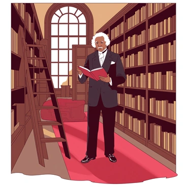 Frederick Douglass, a distinguished African American man with a strong presence, is standing among tall wooden shelves in a grand 19th-century library. He is dressed in formal attire, with a tailored dark suit and a crisp white shirt, holding an open book in his hands. The library is richly decorated with intricate woodwork, large arched windows allowing natural light to stream in, and plush red carpets covering the floor. Surrounding Douglass are rows of leather-bound books with gold lettering, and a large wooden ladder rests against one shelf. The atmosphere is filled with a soft, warm glow as he browses the shelves with an expression of deep concentration.