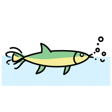 A pike fish, with elongated body and sharp features, swims gracefully near the water's surface. The fish has distinct green and yellow stripes running along its sides. As it moves, playful bubbles rise from its mouth, creating a trail of effervescent circles in the clear water. The light reflects off the surface, illuminating the bubbles and casting subtle ripples around the fish.