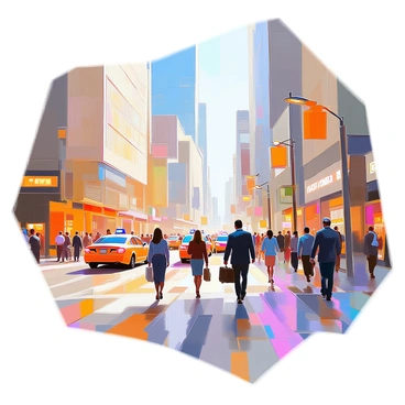 A busy city business center filled with tall glass buildings reflecting the morning sun. Numerous professionals are walking briskly along the sidewalks, dressed in formal business attire. Some are carrying briefcases, while others are holding coffee cups. A few individuals are engaged in conversations on their phones. The streets are bustling with activity, as taxis and buses navigate through the traffic. The atmosphere is vibrant and dynamic, showcasing the energy of a thriving urban environment during rush hour.