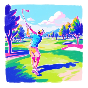 A golfer is in mid-swing on a lush green golf course. He is wearing a bright blue polo shirt and khaki shorts. His stance is athletic, with his feet firmly planted on the ground. The club is being swung with precision, and an arc illustrating the swing path is prominently depicted in the air, emphasizing the motion. In the background, there are trees lining the edges of the course, and a clear blue sky above. The grass is a vibrant shade of green, showcasing the well-maintained fairway.