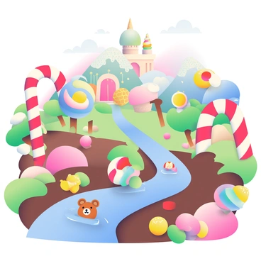A vibrant cartoon world is filled with a variety of sweets and candies. In the foreground, there is a large chocolate river flowing through the scene, with colorful gummy bears floating along its surface. Candy cane trees with red and white stripes line the banks of the river. Various oversized lollipops in bright hues of blue, pink, and yellow are scattered throughout the landscape. In the background, there are fluffy marshmallow mountains topped with powdered sugar. A pathway made of colorful jellybeans leads toward a whimsical candy castle with turrets made of ice cream cones. The sky is a soft gradient of pastel colors, adding to the enchanting atmosphere of this candy-filled world.