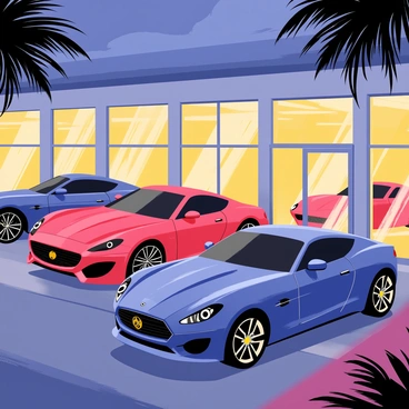 A luxurious car dealership featuring multiple high-end cars with shiny surfaces. The cars have sleek designs, reflecting the bright city lights. The dealership is illuminated with warm, glowing lights, enhancing the opulence of the scene. Large glass windows showcase the gleaming vehicles, while the evening sky casts a soft blue hue. Rich details such as polished chrome accents and vibrant paint colors on the cars are visible, creating an atmosphere of elegance and exclusivity.