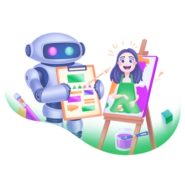 A friendly robot with a sleek metallic body and expressive LED eyes stands next to an excited artist. The robot is holding a clipboard filled with colorful charts and notes. The artist, wearing a paint-splattered apron, has a wide smile and bright eyes, clearly eager to receive feedback. Surrounding them are various art supplies such as paint tubes, brushes, and a canvas displaying a vibrant artwork. The setting is bright and cheerful, emphasizing the positive interaction between the robot and the artist.