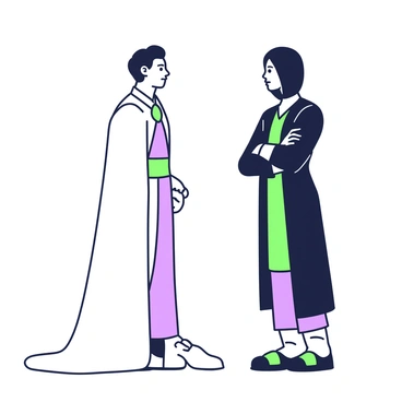 Two characters are standing facing each other in an intense confrontation. The first character is dressed in an outfit that is entirely white, with a long flowing cape that drapes elegantly to the ground. They have a determined expression on their face, and their posture is strong and confident. The second character, dressed in a deep black outfit, has a more subtle stance, with arms crossed and a shadowy hood partially obscuring their features. The background is devoid of any distractions, allowing the focus to remain solely on the two figures locked in this pivotal moment.