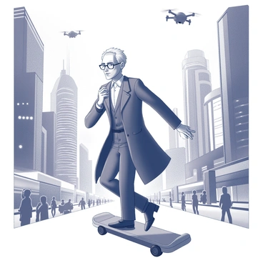 A figure resembling "Professor Shonku" is gliding on a hoverboard. The professor has a thoughtful expression, with glasses perched on his nose. He is wearing a long coat that flows behind him as he moves. The background depicts a "futuristic city" with tall, sleek skyscrapers featuring neon lights and innovative architectural designs. The streets are bustling with various vehicles, and there are people walking, some of whom look up in surprise at the professor's smooth navigation. The sky overhead is filled with flying drones and the glow of distant lights, creating a dynamic urban atmosphere.
