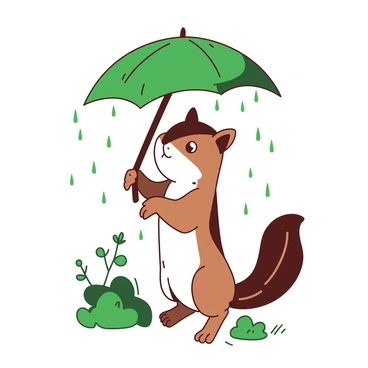 A brown squirrel is standing on its hind legs, holding a large green leaf above its head as an umbrella. The rain is gently falling around it, creating small droplets that splash on the ground below. The squirrel's fur is slightly damp from the rain, and its bright eyes are focused upward as it tries to shield itself. Patches of green grass and small bushes can be seen in the background, while a few raindrops are visible in the air, capturing the essence of the gentle rain shower.