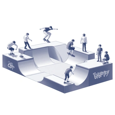 A skatepark featuring various concrete ramps of different heights and angles. Several skaters are engaged in performing tricks on the ramps. One skater is in mid-air executing an impressive kickflip, while another skater is grinding along the edge of a ramp. The park is filled with graffiti art on the surrounding walls, adding to the urban atmosphere. There are spectators watching and cheering from the sidelines, creating a lively scene filled with energy and movement.