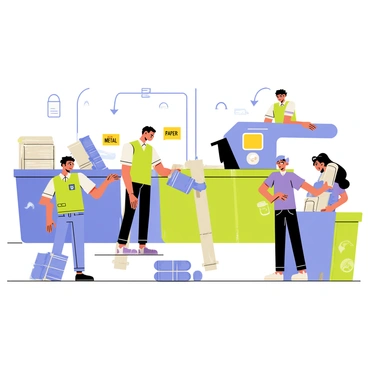 A busy recycling center filled with activity. Several individuals are sorting various types of waste into designated bins. There is a man wearing a green vest, carefully placing plastic bottles into a blue bin. A woman with long hair is separating paper and cardboard into a larger container. In the background, another person is using a machine to compact metal cans. Colorful labels on the bins indicate the different types of materials: "Plastic", "Paper", "Metal", and "Glass". The environment is organized with clear pathways and signs directing the flow of recycling.
